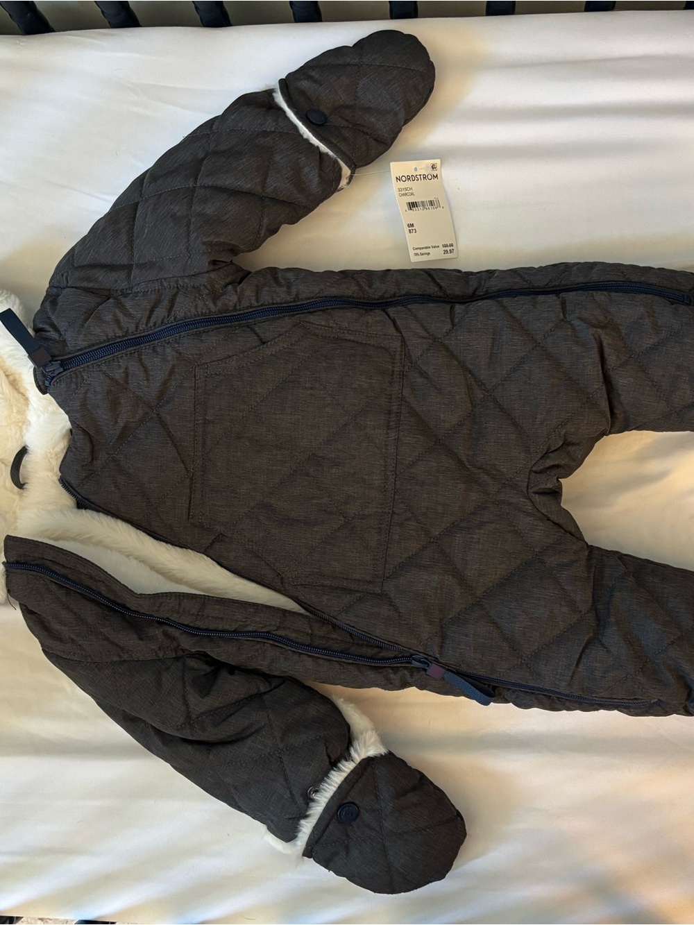 Nordstrom Brown Quilted Hooded Baby Puffer with Faux-Fur Trim